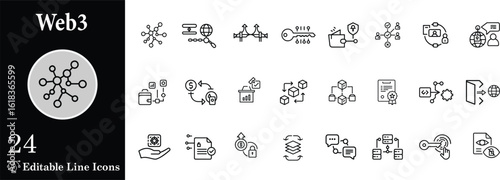 Collection of web3 technology vector icons representing decentralized applications blockchain solutions and cryptocurrency technologies digital transformation and web3 concepts