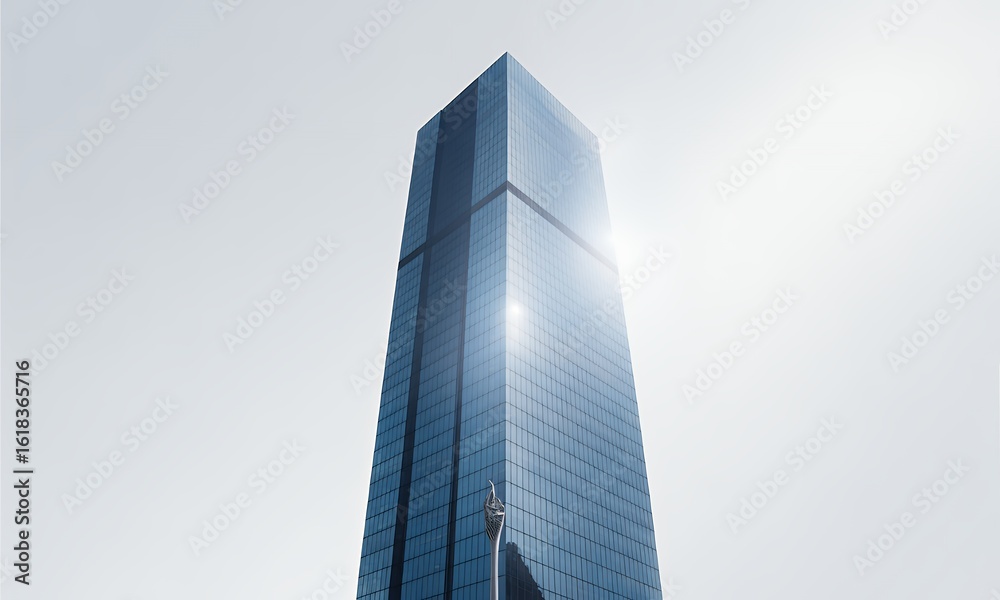 Obraz premium Modern Glass Skyscraper Reaching Towards the Sky with Sun Glare