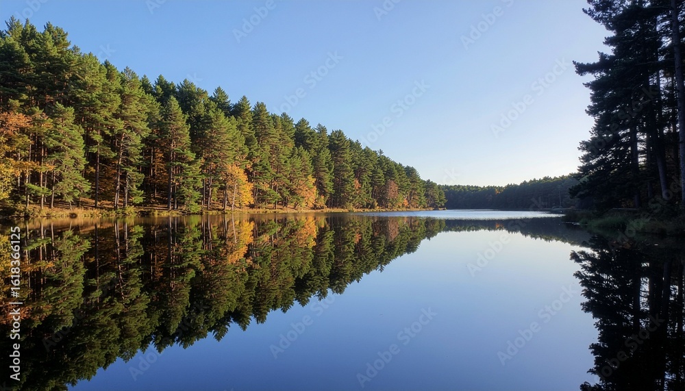 Obraz premium Tranquil reflection of an autumn forest on a glassy lake