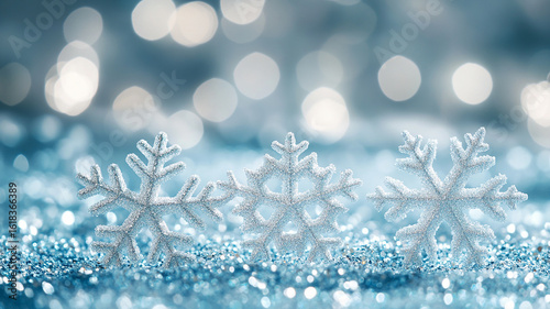 Snowflakes on snow with blurry background, winter background generated.AI
