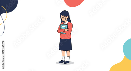 A lonely student clutches a book tightly while standing in a colorful abstract environment that feels a bit melancholic and quiet