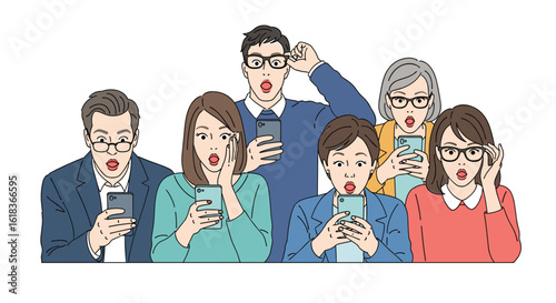 A group of people staring shocked at their mobile phones displaying surprise and astonishment at information or news
