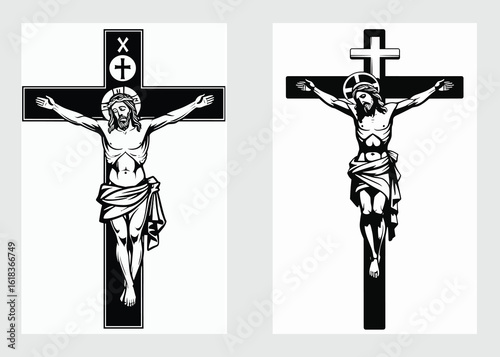Religious Jesus Christ Cross Icon with Detailed Silhouette Vector Design

