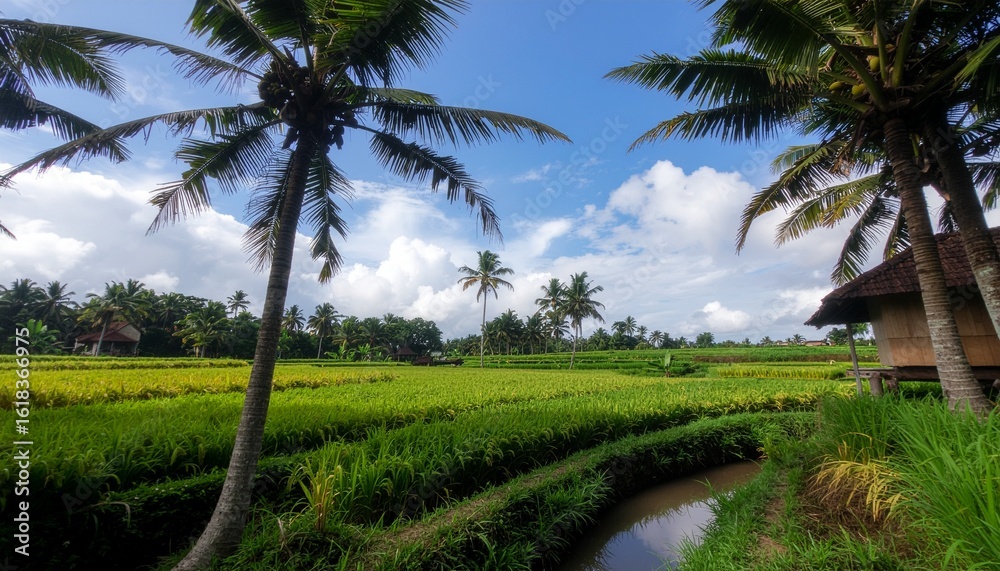 Fototapeta premium Serene Rice Paddies and Palm Trees under a Blue Sky