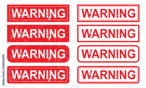 Set of Red Warning Rubber Stamps Vector – Collection of Grunge Style Attention Labels with Rounded and Rectangular Borders, Multiple Font Styles, Distressed Textures