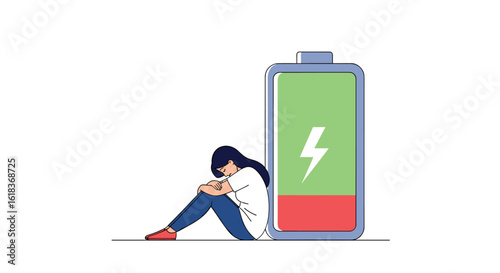 Feeling drained and exhausted a person huddled next to a low battery symbol indicating low energy levels and fatigue