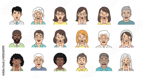 Diverse group of people exhibiting various facial expressions of discomfort and pain experiencing skin conditions