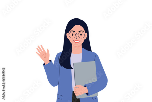 Friendly businesswoman waving hand with laptop vector illustration.