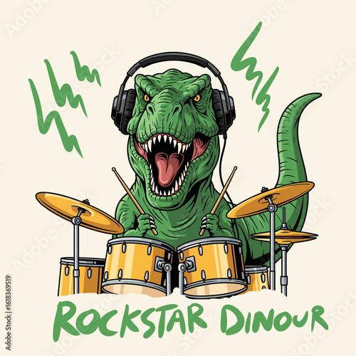 Drum-playing dino vector. Make some noise slogan graphic with dinosaur illustration. Cool dinosaur playing drum. Rock star vector illustration, for t-shirt and other uses.