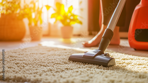 Close up of vacuuming carpet sunny light on background generated.AI