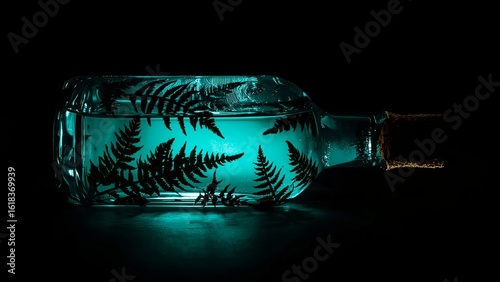 A glass bottle containing ferns submerged in turquoise water, creating a striking visual contrast against the dark background.