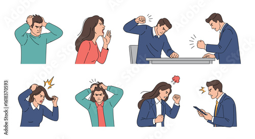 People expressing anger frustration stress and conflict through various emotions and gestures in a pixelated art style representing emotional distress and social tension