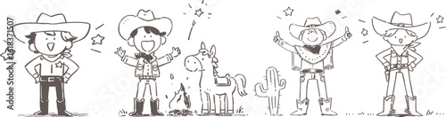 Group of cartoon cowboys with hats, boots, and cheerful expressions, standing outdoors with horse and cacti, conveying fun and adventurous western theme