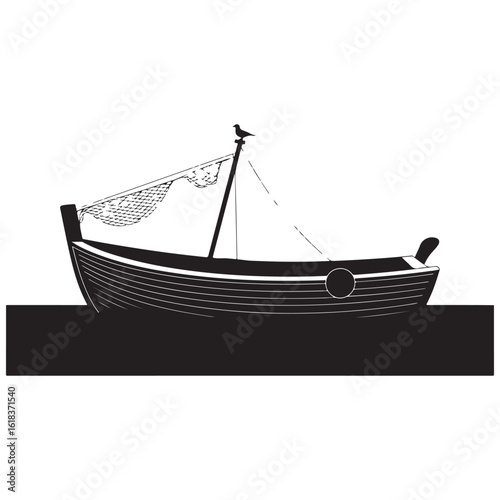 An old wooden fishing boat silhouette sails on the water under a vast sky, a vintage nautical vessel