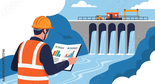 Analyzing Dam Performance Engineer Inspecting Facility With Report Data