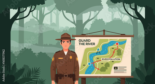 Park Ranger Protecting River And Showing Pollution Area On Map