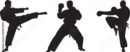 Martial arts silhouettes of fighters performing kicks and punches isolated on transparent background