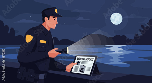 Police Officer Investigating Illegal Dumping Reports At Night By The Lake