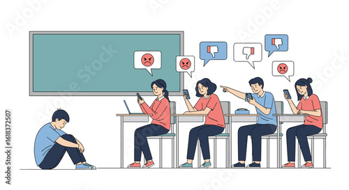 Students mocking and bullying a solitary student in a classroom setting through digital communication