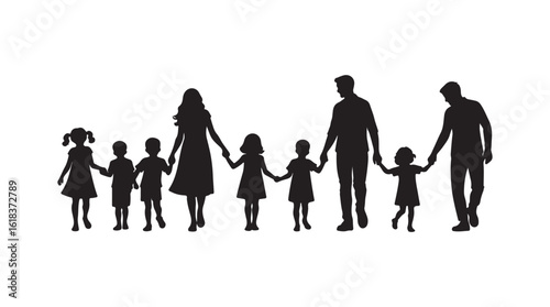  family silhouettes featuring parents with children walking hand in hand, symbolizing love, unity, support, and the bond of parenthood and childhood.