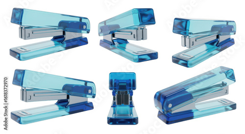 Transparent blue stapler in multiple views ready to fasten papers set against a plain white background useful for office supplies or stationery