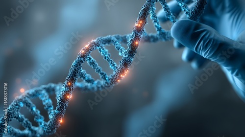 A close-up of a hand holding a glowing DNA strand, symbolizing genetic research and biotechnology.