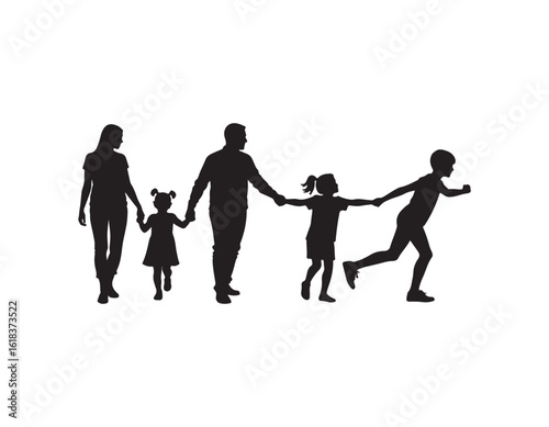  family silhouettes featuring parents with children walking hand in hand, symbolizing love, unity, support, and the bond of parenthood and childhood.