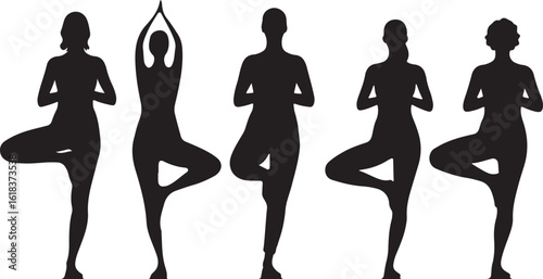 Five silhouettes of women performing tree pose yoga isolated on transparent background