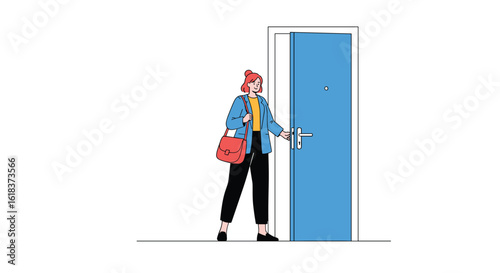 A woman with a red bag opens a blue door while holding a key in her hand