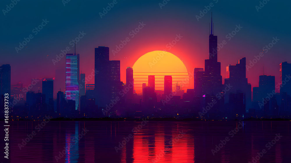 Fototapeta premium Urban Sunset: A modern cityscape stands silhouetted against a vibrant sunset, with its buildings reflected in the tranquil water below.