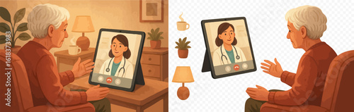 Watercolor illustration of elderly man in video consultation with female doctor via tablet, telehealth scene with cozy home elements and warm tones. Vector illustration.