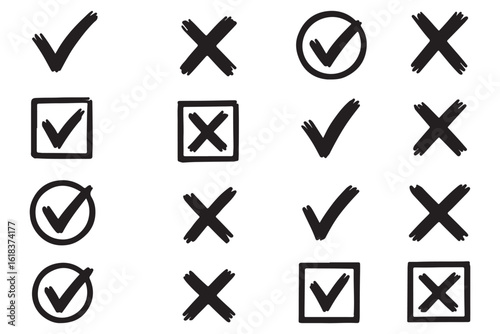 Check tick mark icon set. Cross box x check mark checkbox v list vector draw hand drawn sketch doodle brush marker checklist symbol wrong right circle. Vector Illustration