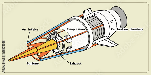 Infographic diagram showing how a jet engine works with labeled stages: intake, compression, combustion, and exhaust in a visual step-by-step format.