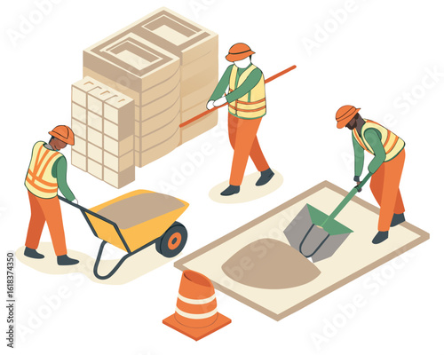 Supervisors oversee material delivery while workers transport cement, sand, and tools in a detailed isometric construction site illustration.