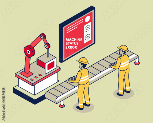Smart AI system monitors production line, detects machine errors, and assists technician with timely maintenance in automated industrial manufacturing environment.
