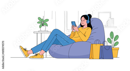 Young woman relaxing on beanbag chair listening to music on phone and wearing headphones indoor lifestyle concept
