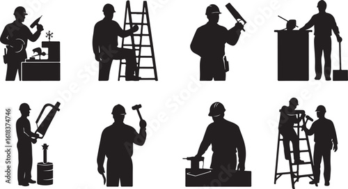 Silhouettes of construction workers performing various tasks isolated on transparent background