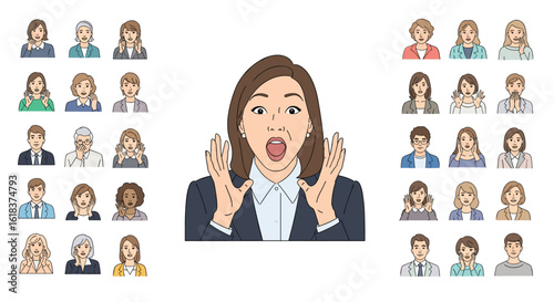A person making funny faces surrounded by different pixelated human faces expressing various emotions and moods