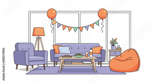 Cozy living room setup for a relaxing evening gathering with balloons and bunting