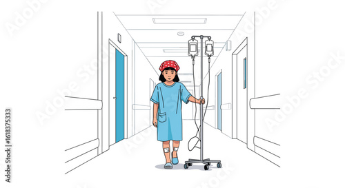 A person walks down a sterile hospital corridor with an iv pole following behind them through the hallway