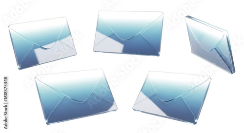 Five glass envelopes in a semi-circle on a white backdrop conveying digital communication for online email marketing or app design