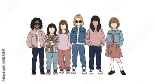 A diverse group of young girls posing together wearing stylish casual outfits embracing youthful fashion trends