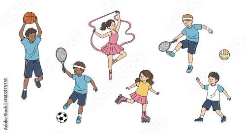 Children engaging in various sports and recreational activities showcasing healthy lifestyles and energetic pursuits