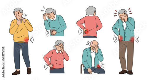 Illustrations depict elderly individuals experiencing various types of bodily discomfort and pain symptoms commonly associated with aging and health conditions