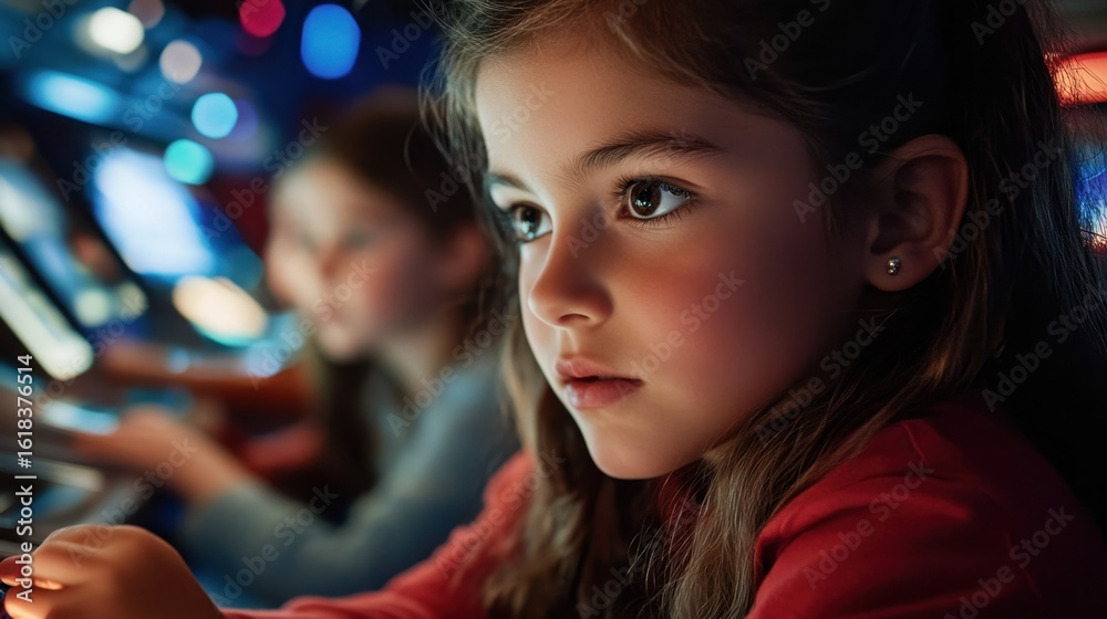 Fototapeta premium Young caucasian girls engaged in arcade games at night