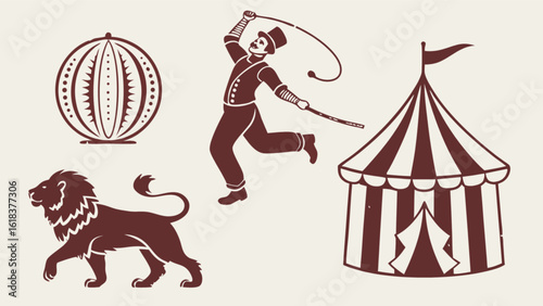Circus Performer Training Lion with Whip near Striped Tent and Hot Air Balloon