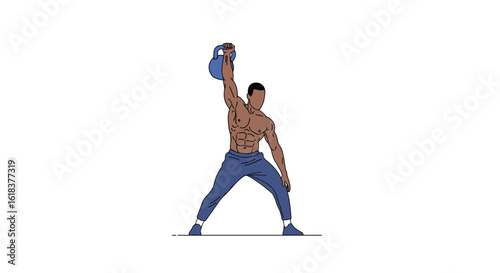 Muscular man performing an overhead kettlebell press exercise with focus on strength training and athletic conditioning routines