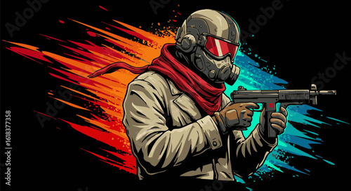 Sci-Fi Character with Red Scarf and Glowing Visor