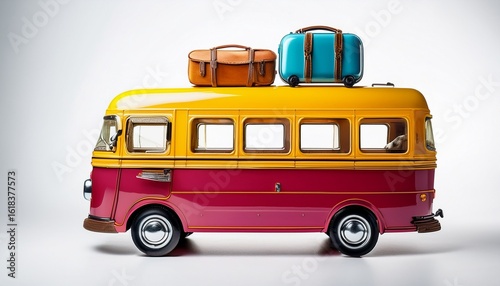colorful toy bus with luggage on top isolated on white background