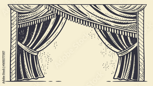 Theater Stage Curtain Illustration with Open Drapery and Valance